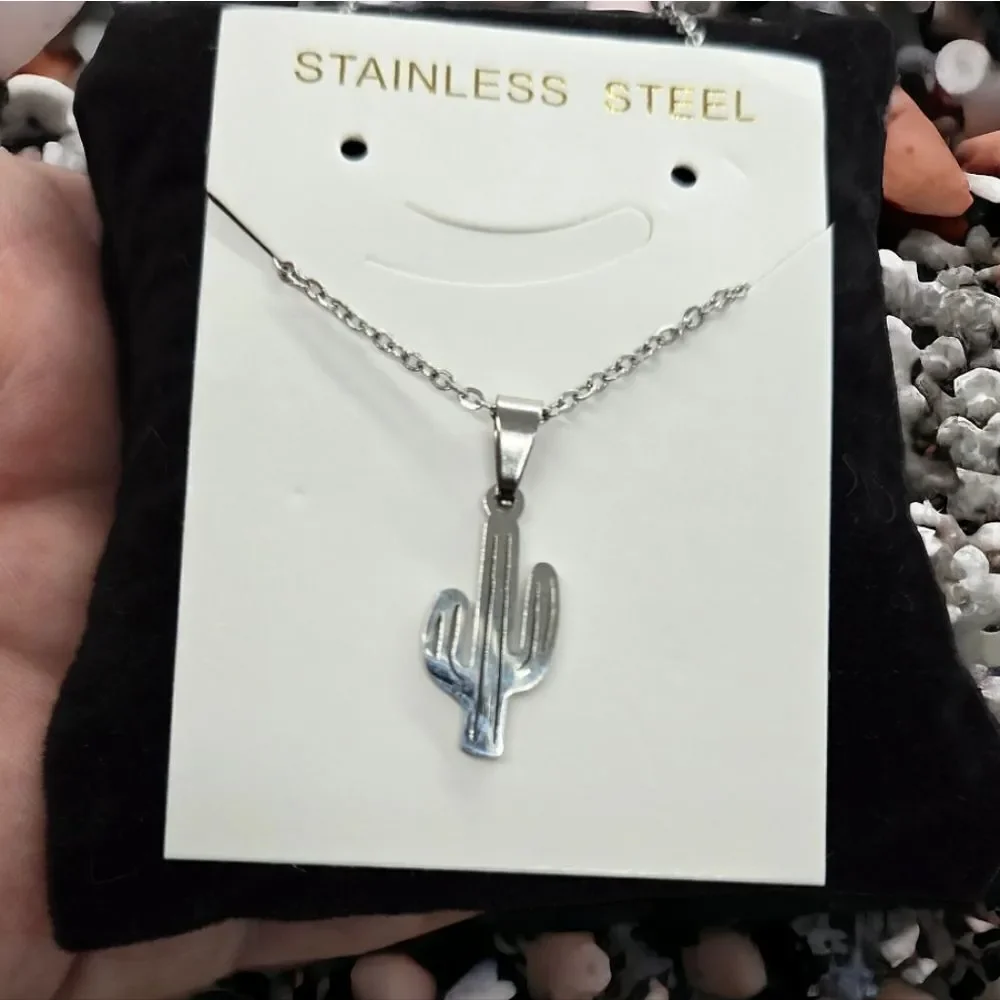 Cactus Stainless Steel Necklace Silver Saguaro Cacti Charm Pendant Western